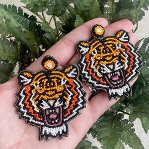 Wild Tiger Roar Seed Beaded Embroidered Statement Animal Earrings NEW